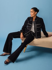 Navy Velvet Flocked Rigid Straight Leg Jeans - Image 2 of 12