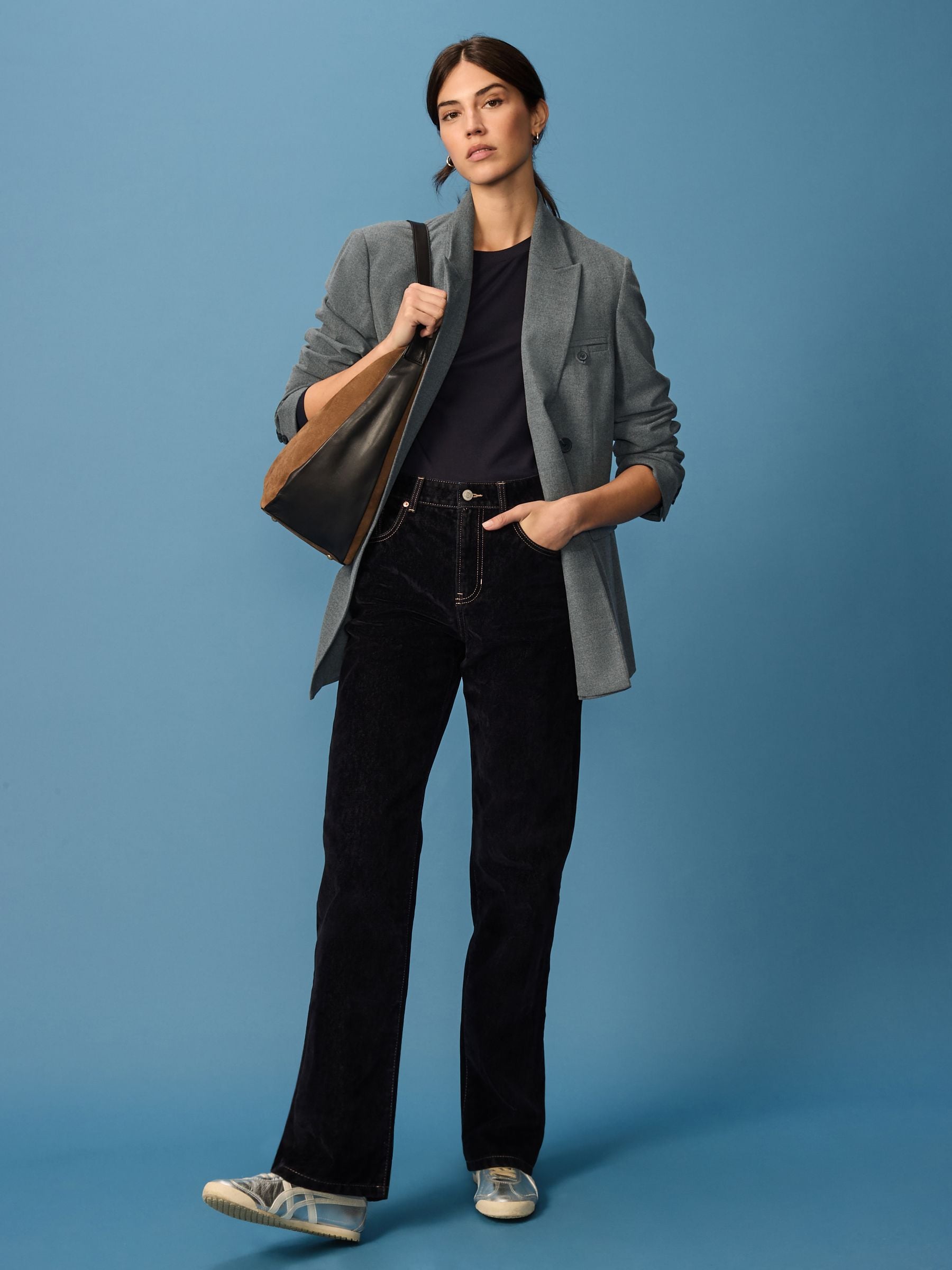 BELVET Baggy rigid denim navy Lsize Navy Velvet Flocked Rigid