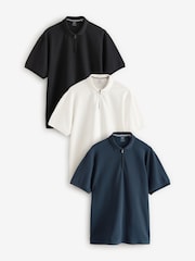 Black/White/Navy Short Sleeve Textured Quarter Zip Polo Shirt 3 Pack - Image 1 of 12