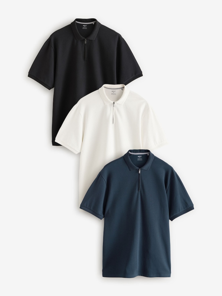 Black/White/Navy Short Sleeve Textured Quarter Zip Polo Shirt 3 Pack - Image 1 of 12