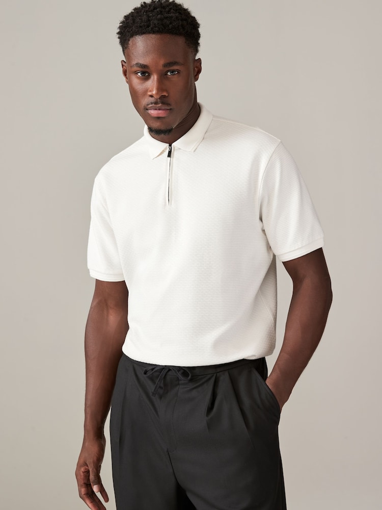 Black/White/Navy Short Sleeve Textured Quarter Zip Polo Shirt 3 Pack - Image 2 of 12