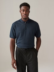 Black/White/Navy Short Sleeve Textured Quarter Zip Polo Shirt 3 Pack - Image 6 of 12