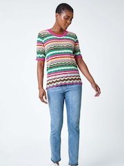 Roman Pink Wave Print Knitted Cotton Top - Image 3 of 6