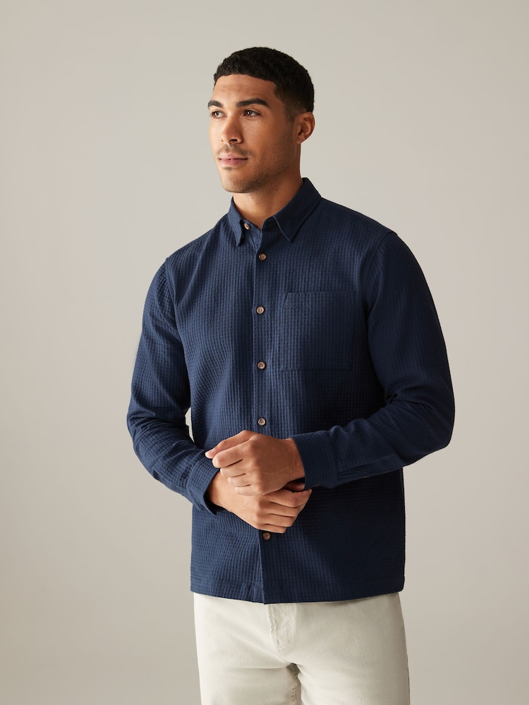 Navy Blue 100% Cotton Textured Waffle Long Sleeve Shirt - Image 1 of 8