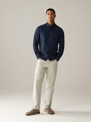 Navy Blue 100% Cotton Textured Waffle Long Sleeve Shirt - Image 3 of 8