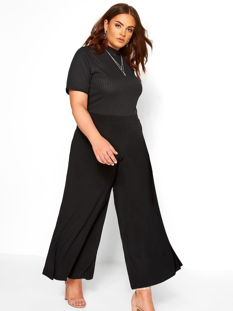 Yours Curve Black Super Wide Leg Jersey Palazzo Trousers - Image 1 of 3