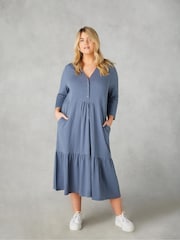 Live Unlimited Blue Curve Cotton Slub Button Front Midi Dress - Image 1 of 9