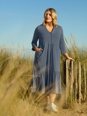 Live Unlimited Blue Curve Cotton Slub Button Front Midi Dress - Image 7 of 9