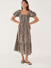 Accessorize Brown 100% Cotton Leopard Print Shirred Puff Sleeve Dress - Image 1 of 3