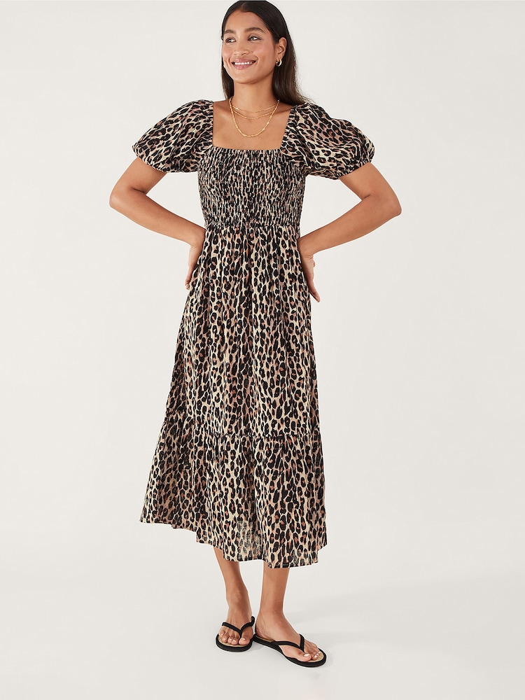 Accessorize Brown 100% Cotton Leopard Print Shirred Puff Sleeve Dress - Image 1 of 3