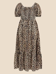 Accessorize Brown 100% Cotton Leopard Print Shirred Puff Sleeve Dress - Image 3 of 3
