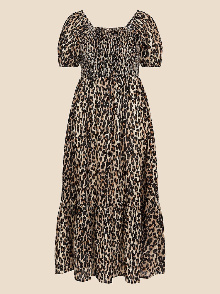 Accessorize Brown 100% Cotton Leopard Print Shirred Puff Sleeve Dress - Image 3 of 3