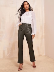 Friends Like These Khaki Green Faux Leather Smart Straight Leg Trousers - Image 2 of 5
