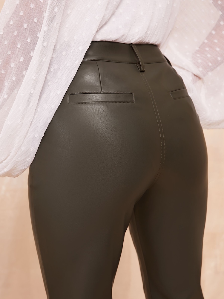 Friends Like These Khaki Green Faux Leather Smart Straight Leg Trousers - Image 3 of 5