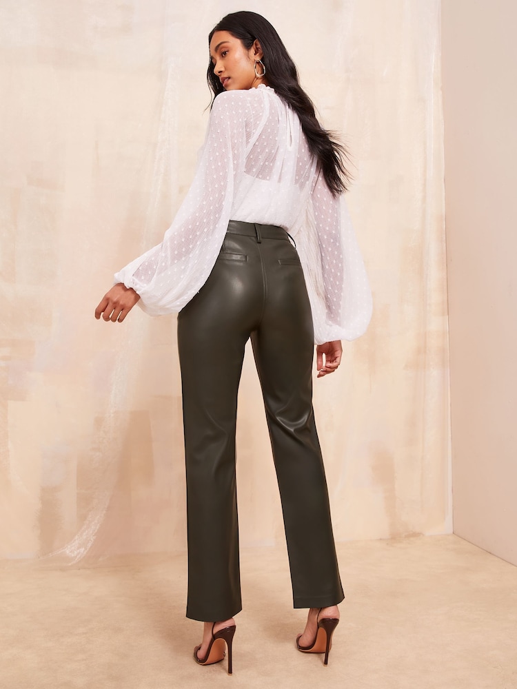 Friends Like These Khaki Green Faux Leather Smart Straight Leg Trousers - Image 4 of 5