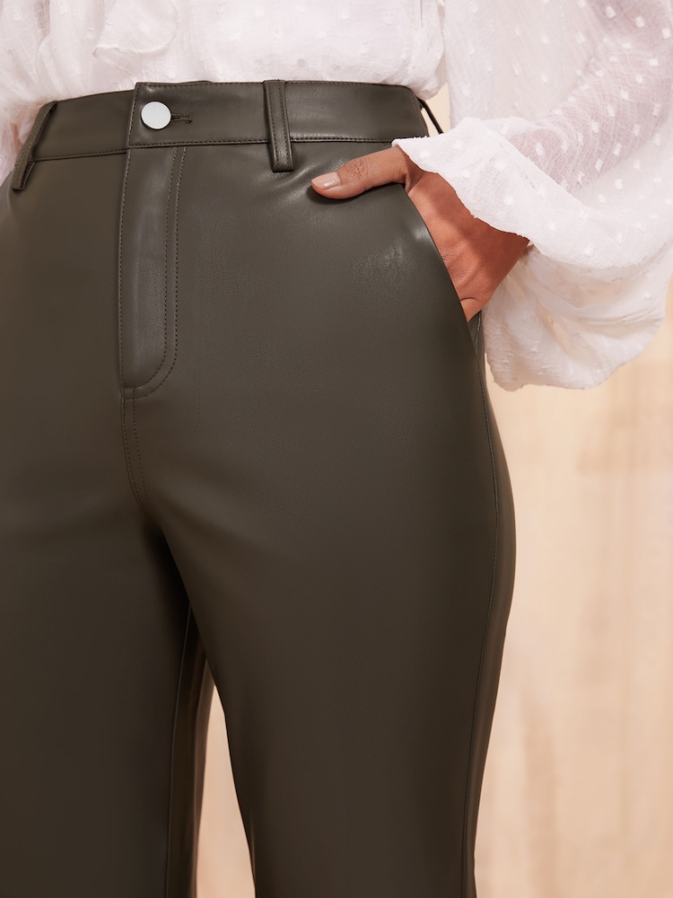 Friends Like These Khaki Green Faux Leather Smart Straight Leg Trousers - Image 5 of 5