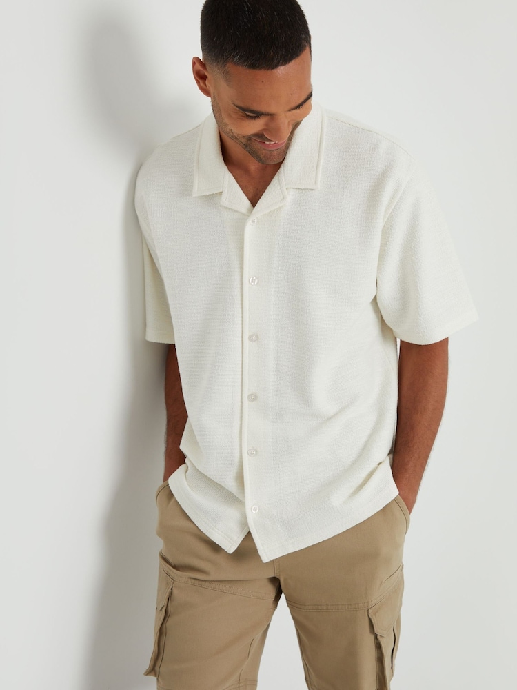 Threadbare Ecru Textured Revere Collar Short Sleeve Shirt - Image 1 of 4