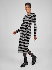 JoJo Maman Bébé Black Cream Stripe Maternity Stripe Ribbed Dress - Image 1 of 5