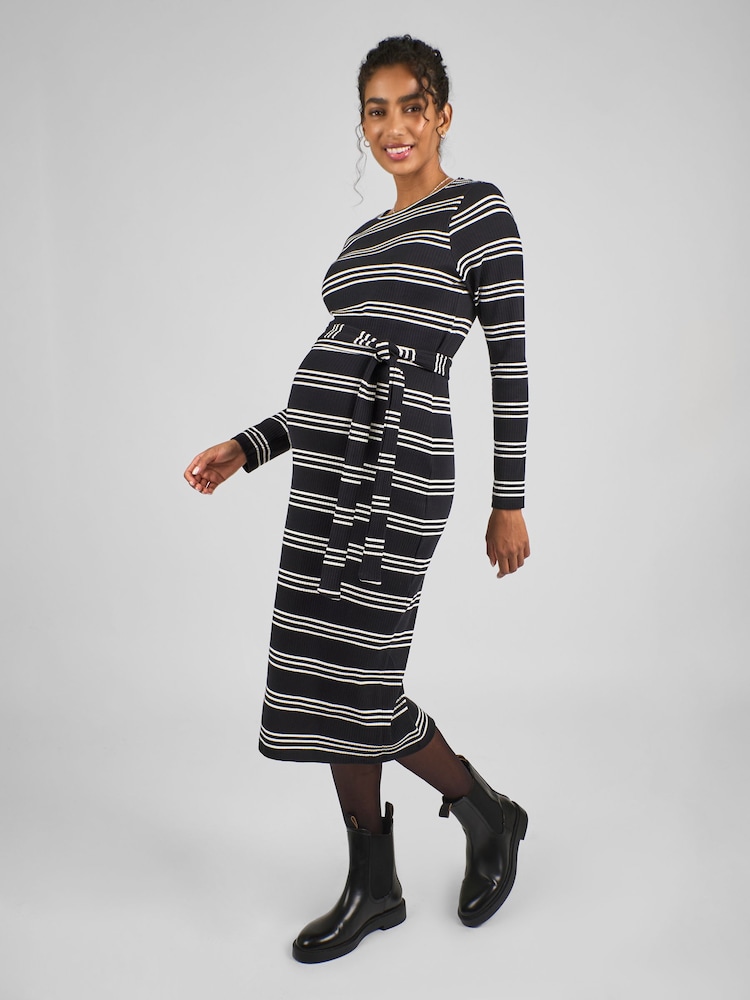 JoJo Maman Bébé Black Cream Stripe Maternity Stripe Ribbed Dress - Image 1 of 5