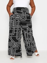 Yours Curve Black Abstract Print Shirred Wide Leg Trousers - Image 2 of 6