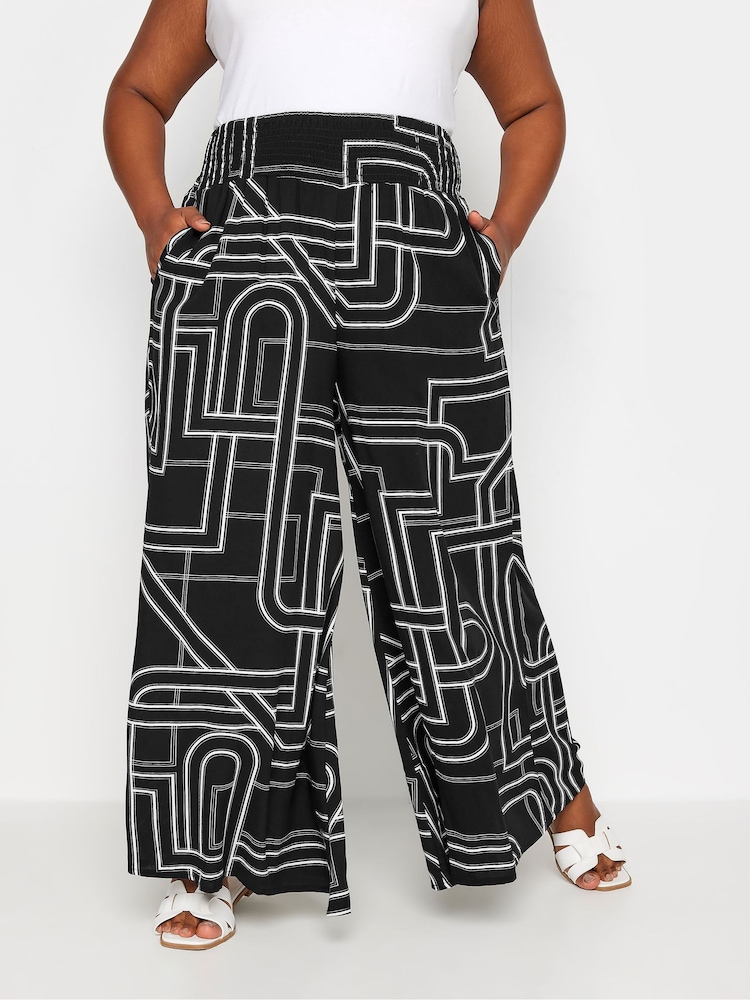Yours Curve Black Abstract Print Shirred Wide Leg Trousers - Image 2 of 6