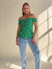 Girl In Mind Green Polka Dot Monica Off The Shoulder Top - Image 1 of 4