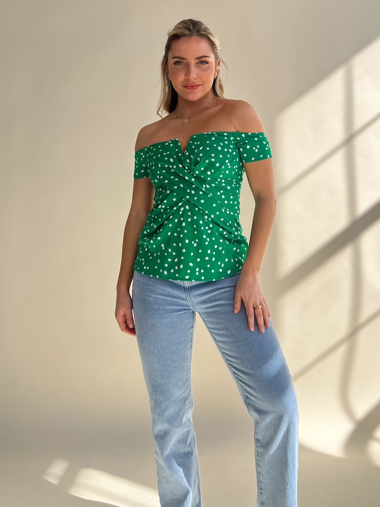Girl In Mind Green Polka Dot Monica Off The Shoulder Top - Image 1 of 4