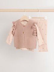 Rust Brown/ Beige Ditsy Print Baby 100% Cotton Long Sleeve Top Knitted Waistcoat and Leggings Set 3 Piece (0mths-2yrs) - Image 1 of 15