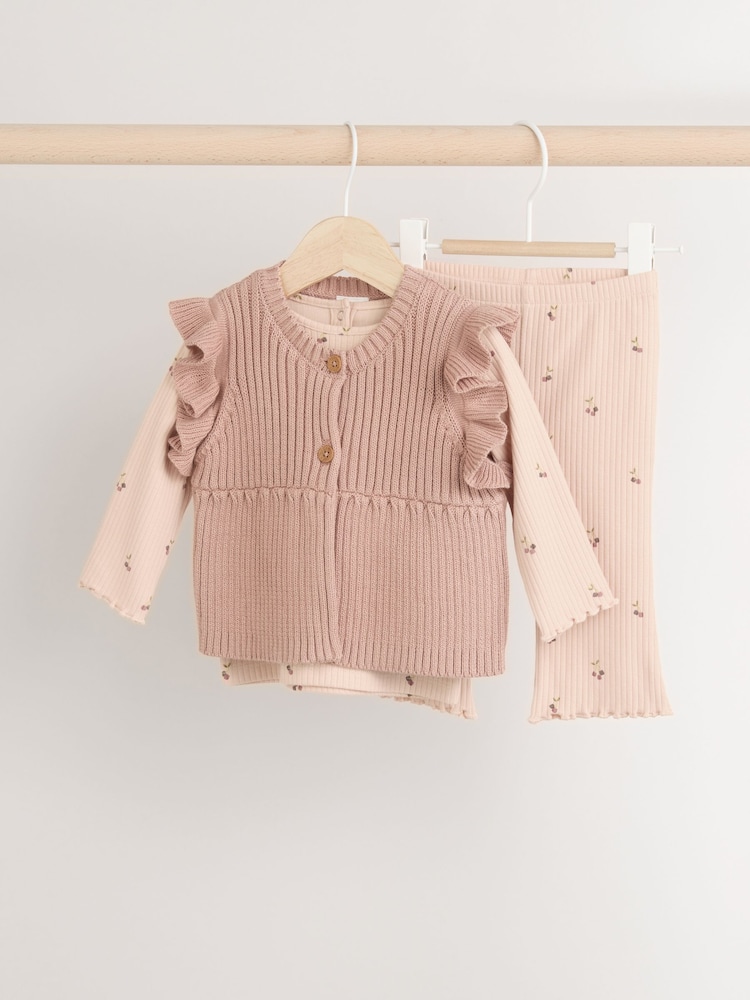 Rja rjava/ bež ditsy potisk; vzorec - Baby 100% Cotton Long Sleeve Top Knitted Waistcoat and Leggings Set 3 Piece (0mths-2yrs) - Slika 1 iz 15 Rja rjava/ bež ditsy potisk; vzorec - Baby 100% Cotton Long Sleeve Top Knitted Waistcoat and Leggings Set 3 Piece (0mths-2yrs) - Slika 1 iz 15