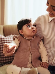 Rust Brown/ Beige Ditsy Print Baby 100% Cotton Long Sleeve Top Knitted Waistcoat and Leggings Set 3 Piece (0mths-2yrs) - Image 2 of 15
