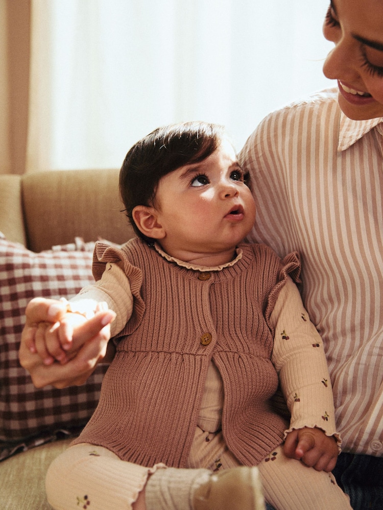Rust Brown/ Beige Ditsy Print Baby 100% Cotton Long Sleeve Top Knitted Waistcoat and Leggings Set 3 Piece (0mths-2yrs) - Image 2 of 15