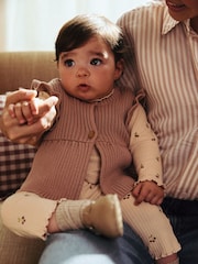 Rust Brown/ Beige Ditsy Print Baby 100% Cotton Long Sleeve Top Knitted Waistcoat and Leggings Set 3 Piece (0mths-2yrs) - Image 3 of 15