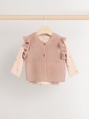 Rust Brown/ Beige Ditsy Print Baby 100% Cotton Long Sleeve Top Knitted Waistcoat and Leggings Set 3 Piece (0mths-2yrs) - Image 6 of 15