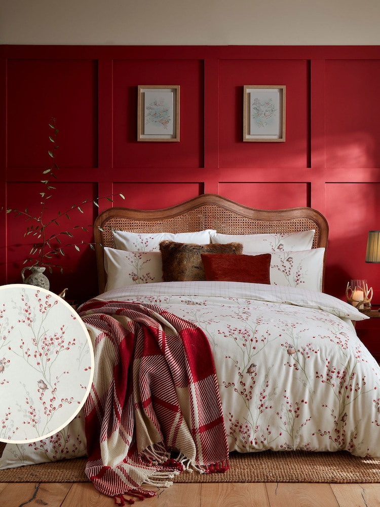 Laura Ashley Red Brushed Cotton Christmas Pussy Willow 100% Cotton Duvet Cover & Pillowcase Set - Image 2 of 6