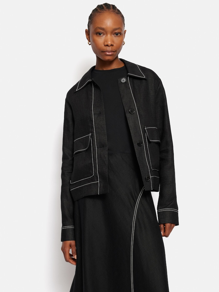 Jigsaw Black 100% Linen Cropped Utility Jacket - Image 1 of 6