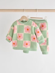 Green/Pink Checkerboard Flowers Cosy Fleece Baby Jumper & Joggers Set - Image 1 of 13