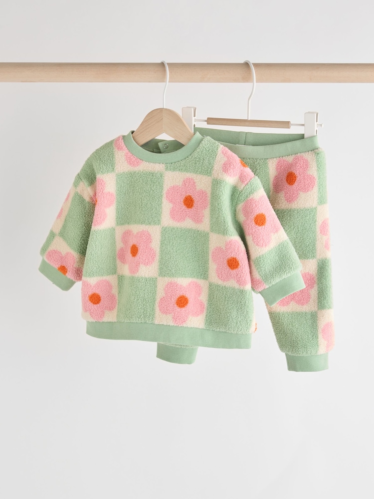 Green/Pink Checkerboard Flowers Cosy Fleece Baby Jumper & Joggers Set - Image 1 of 13