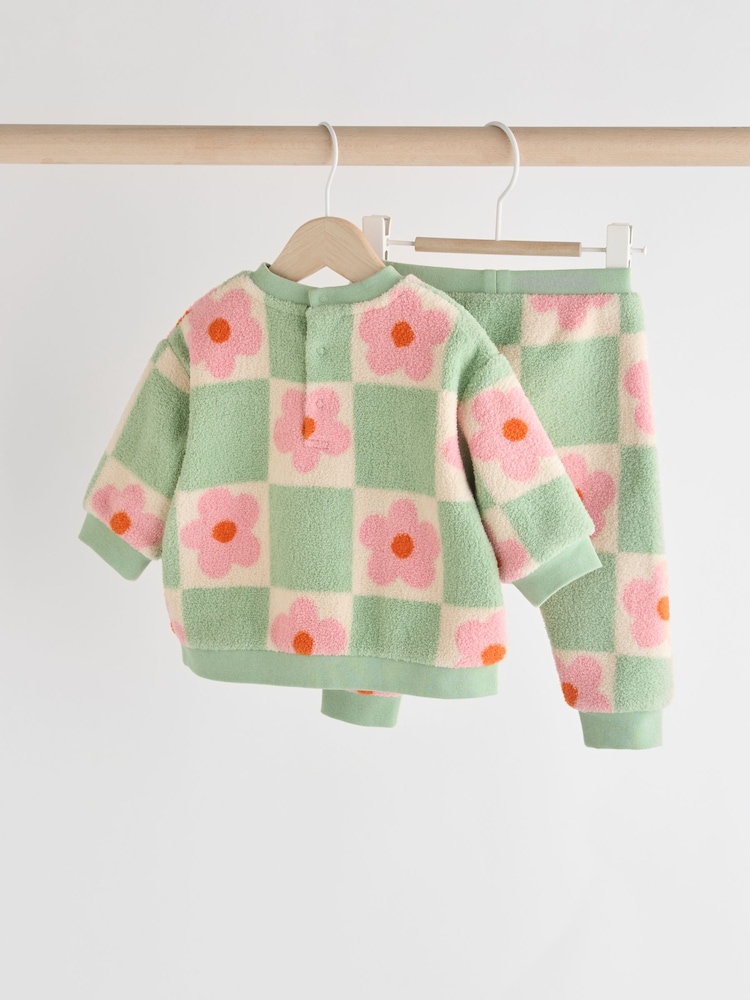 Green/Pink Checkerboard Flowers Cosy Fleece Baby Jumper & Joggers Set - Image 2 of 13