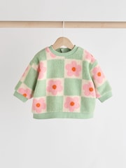 Green/Pink Checkerboard Flowers Cosy Fleece Baby Jumper & Joggers Set - Image 3 of 13