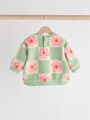 Green/Pink Checkerboard Flowers Cosy Fleece Baby Jumper & Joggers Set - Image 4 of 13