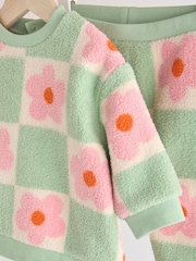 Green/Pink Checkerboard Flowers Cosy Fleece Baby Jumper & Joggers Set - Image 7 of 13