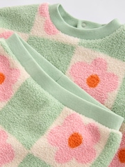 Green/Pink Checkerboard Flowers Cosy Fleece Baby Jumper & Joggers Set - Image 8 of 13