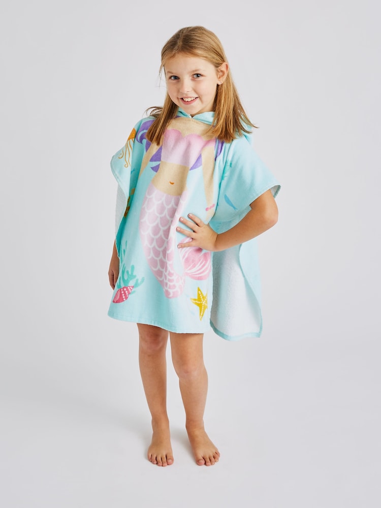 Catherine Lansfield Blue Mermaid Hooded Poncho 100% Cotton Towel - Image 1 of 5
