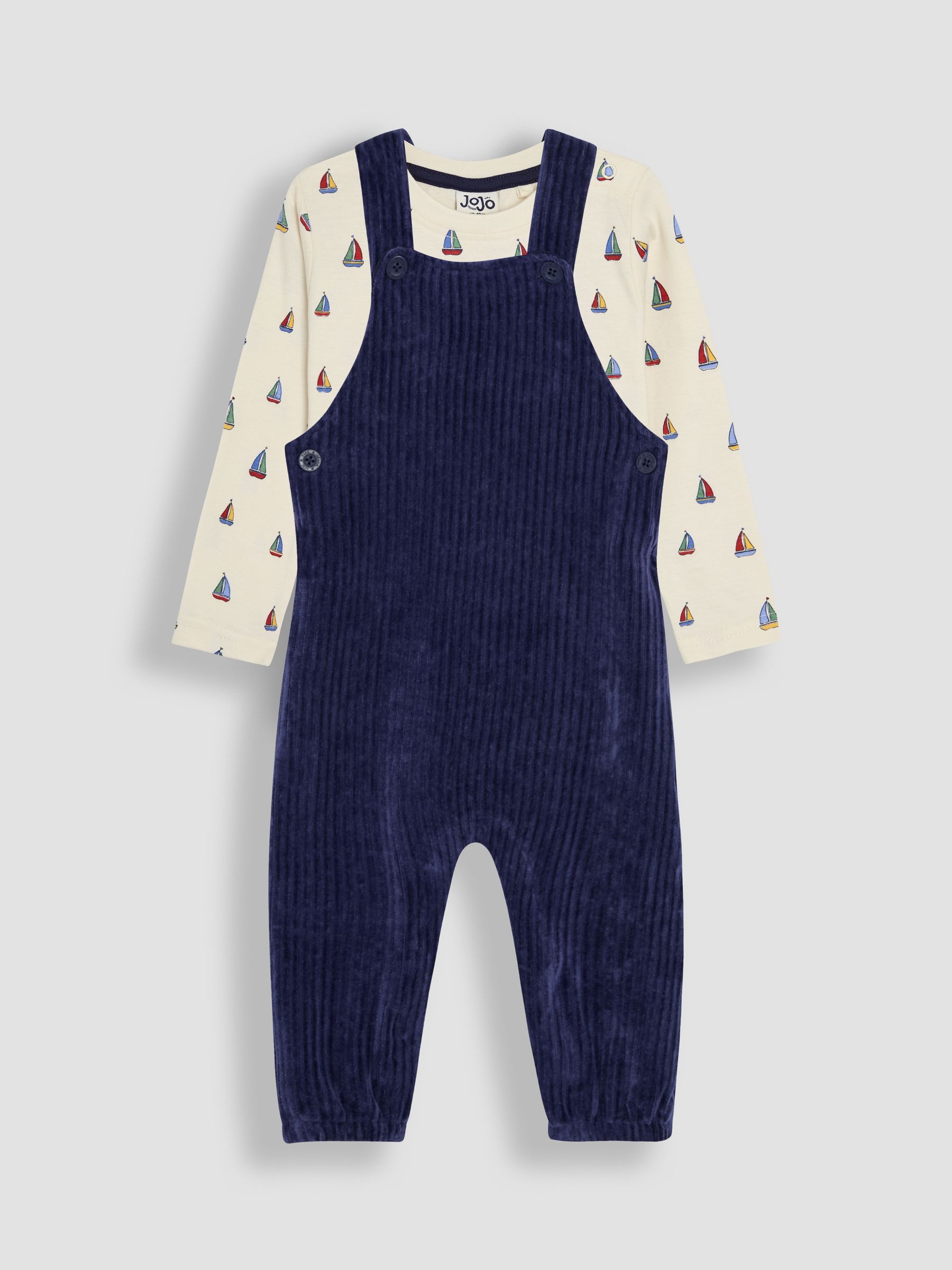 JoJo Maman Bébé Navy Velour Dungarees & Boat Print Top Set