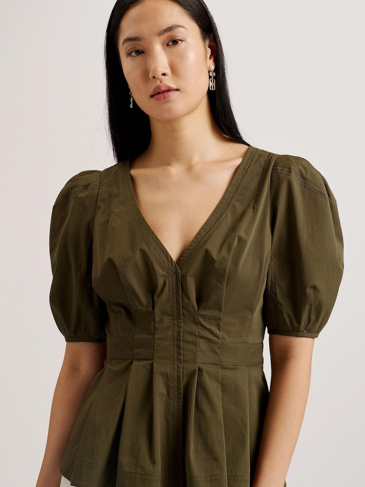Ted Baker Green Burdur Stitch Detail Puff Sleeve Top - Image 2 of 8
