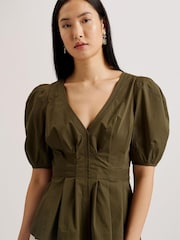 Ted Baker Green Burdur Stitch Detail Puff Sleeve Top - Image 3 of 8