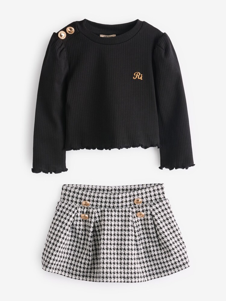 River Island Black Girls Military 100% Cotton Top And Skirt Set - Image 2 of 3