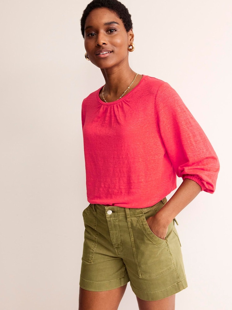 Boden Red Gathered Neck Linen Jersey Top - Image 1 of 5