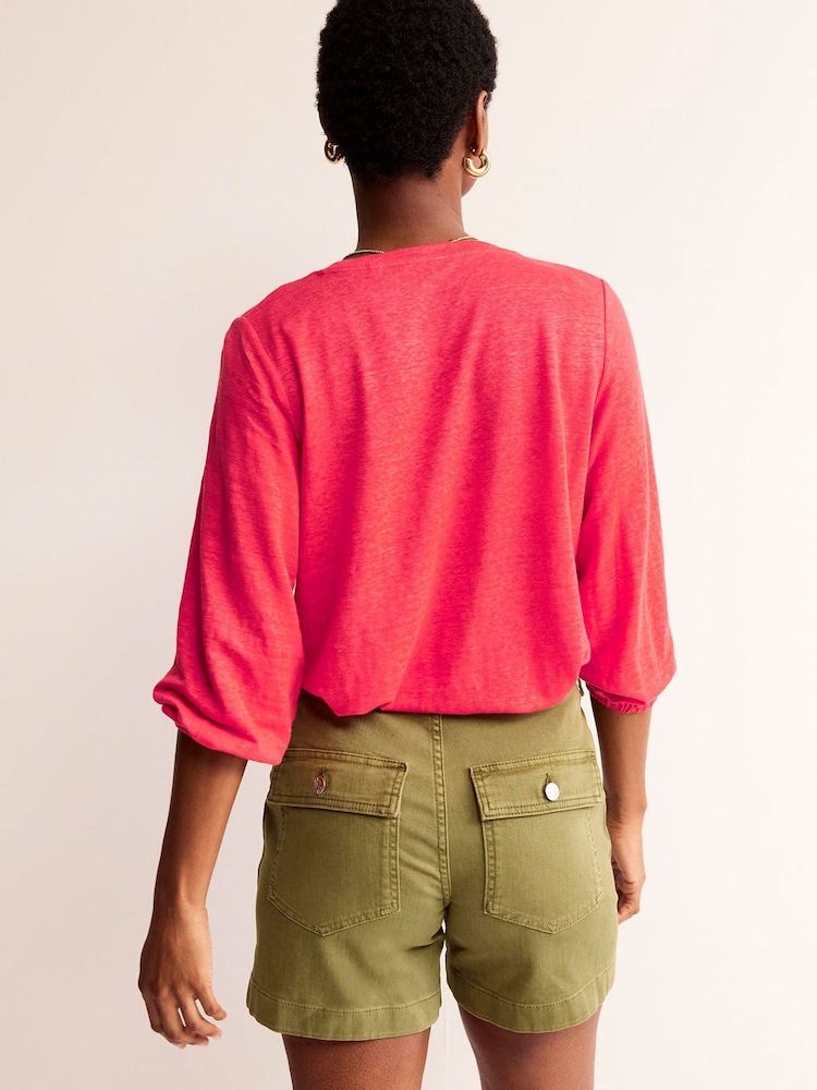 Boden Red Gathered Neck Linen Jersey Top - Image 2 of 5