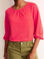 Boden Red Gathered Neck Linen Jersey Top - Image 3 of 5